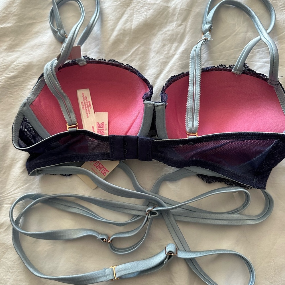 PINK Victoria's Secret Pink Lined Navy Lace Push-Up Bra with Light Blue Straps